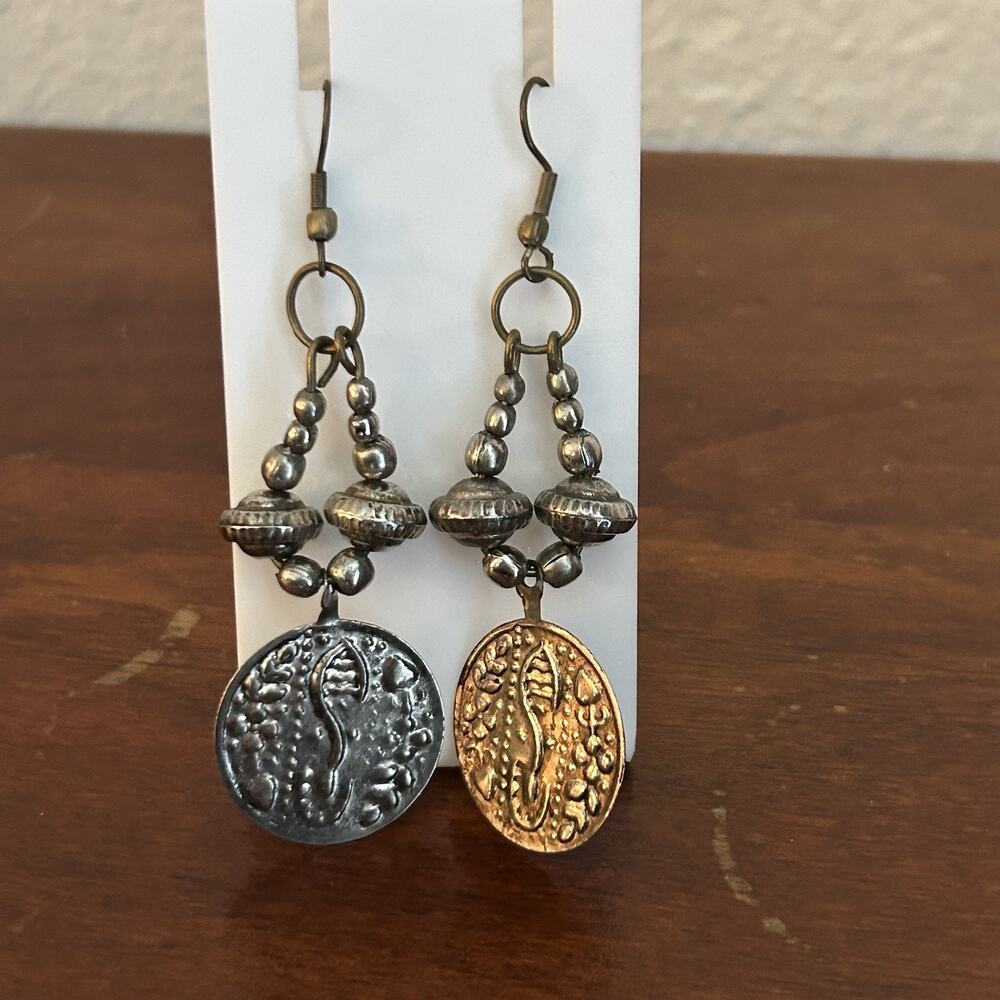 Vintage Tribal Silver Tone Coin Metal Pearls Boho Earrings
